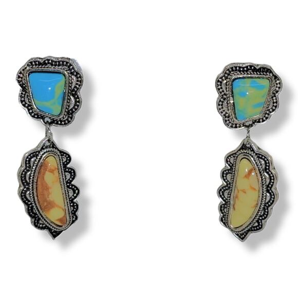 Silver-Tone Southwest Design Simulated Gemstone Drop Dangle Pierced Earrings - Picture 3 of 6